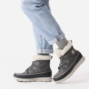 Sorel Explorer Carnival Waterproof Boots Shoes Faux Fur Collar Grey 7 Women's
